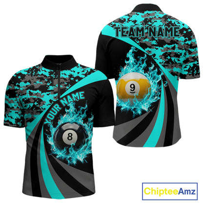 Black Teal Camo Flame 8 Ball 9 Ball Pool Shirt For Men Custom Billiard Team Jersey
