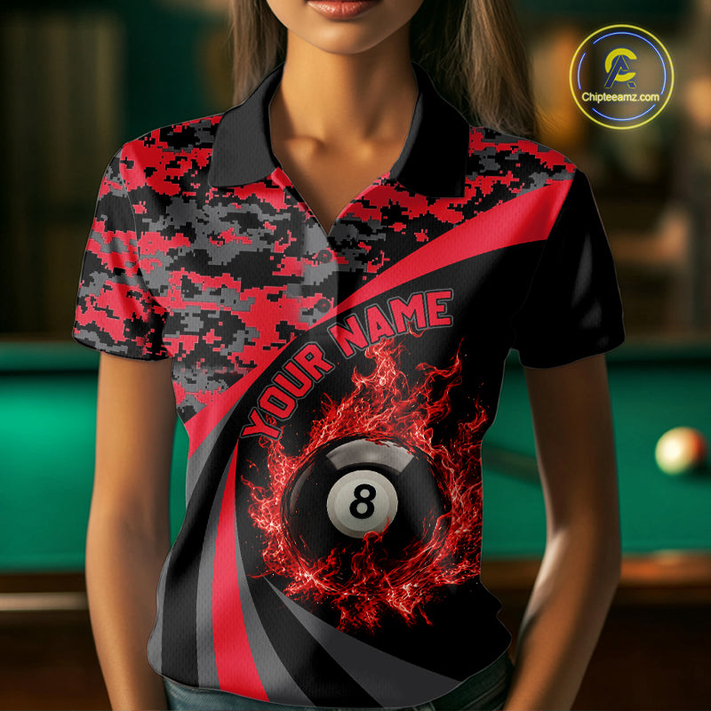 Flame 8 Ball & 9 Ball Billiard Pool Shirt For Women Custom Black And Red Camo Billiard Team Attire NYN3430