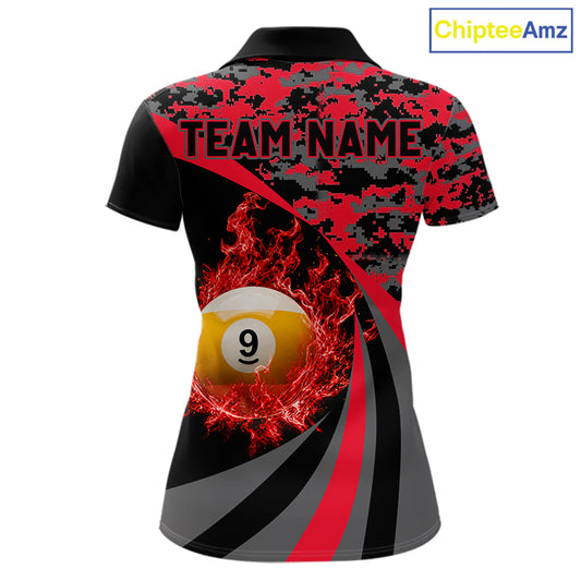 Black Red Camo Flame 8 Ball 9 Ball Pool Shirt For Women Custom Billiard Team Jersey