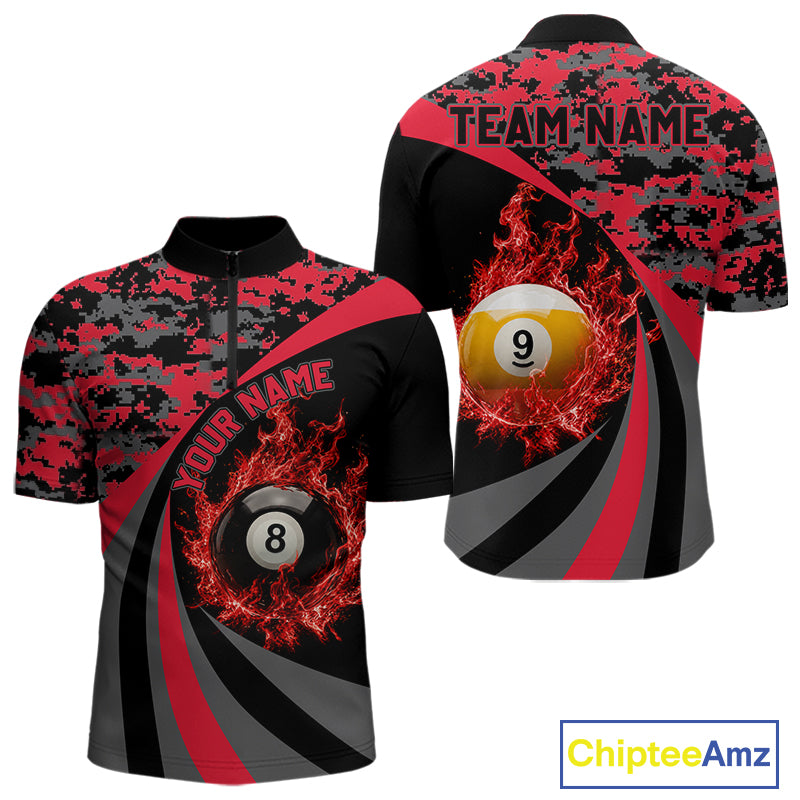 Black Red Camo Flame 8 Ball 9 Ball Pool Shirt For Men Custom Billiard Team Jersey
