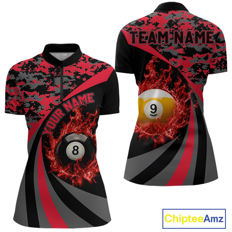 Black Red Camo Flame 8 Ball 9 Ball Pool Shirt For Women Custom Billiard Team Jersey