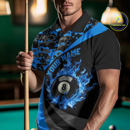Flame 8 Ball & 9 Ball Billiard Pool Shirt For Men Custom Black And Blue Camo Billiard Team Attire NYN3431