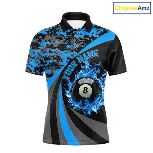 Black Blue Camo Flame 8 Ball 9 Ball Pool Shirt For Men Custom Billiard Team Jersey