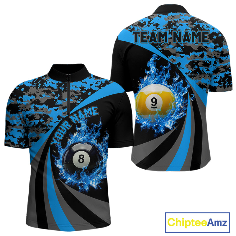 Black Blue Camo Flame 8 Ball 9 Ball Pool Shirt For Men Custom Billiard Team Jersey