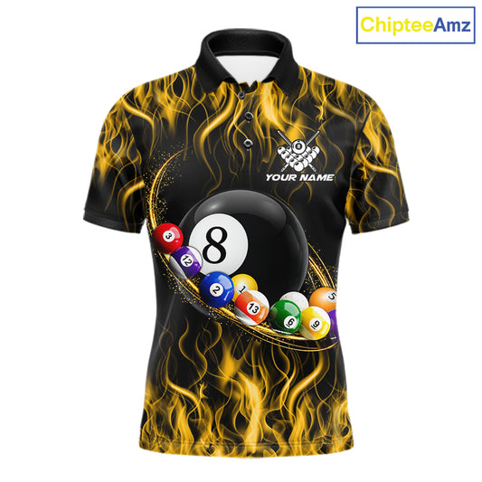 Yellow Light Fire Flame 8 Ball Pool Shirt For Men Custom Billiard Ball Team Jersey