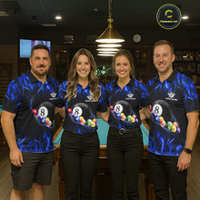 Load image into Gallery viewer, Fire Flame 8 Ball Billiard Pool Shirt For Men Custom Blue Light Billiard Ball Team Jersey NYN3434