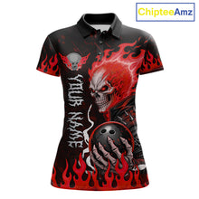 Load image into Gallery viewer, Red Flames Skull women's bowling polo featuring fiery skull artwork, custom bowling team jersey, personalized league apparel, championship tournament clothing, performance athletic polo, gothic bowling fashion, strike-ready sportswear