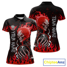 Load image into Gallery viewer, Red Flames Skull women's bowling polo featuring fiery skull artwork, custom bowling team jersey, personalized league apparel, championship tournament clothing, performance athletic polo, gothic bowling fashion, strike-ready sportswear