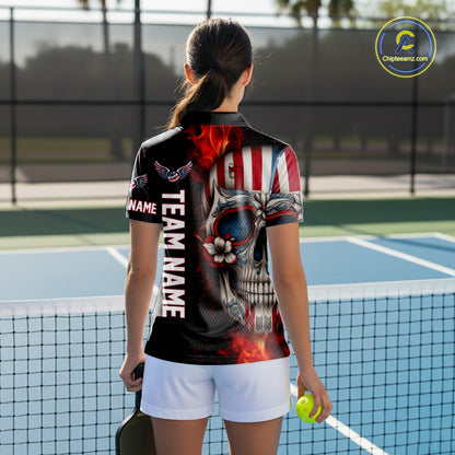 Custom Sugar Skull Red Flaming Pickleball League Jerseys Women Pickleball US Flag Team Shirts NYN2149