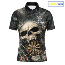 Load image into Gallery viewer, Grunge Horror Grey Skull Vintage Dartboard &amp; Arrow Men Darts Polo Shirt Custom Dart League Shirts NYN2642