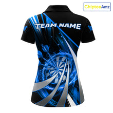 Load image into Gallery viewer, Custom Blue Flaming Dartboard &amp; Arrow Women Darts Polo &amp; 1/4-Zip Shirts Dart Team Jerseys NYN2799