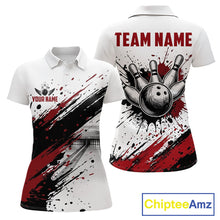Load image into Gallery viewer, Black and red splatter paint bowling ball and pins shirt for women custom bowling attire