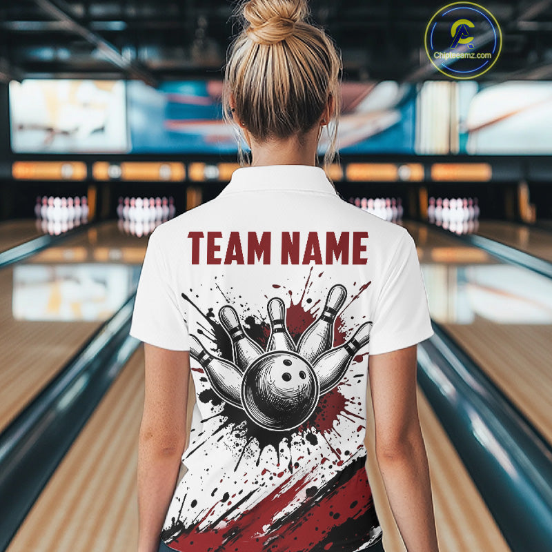 Black And Red Splatter Paint Bowling Ball & Pins Shirts Custom Team Bowling Attire For Women NYN3446