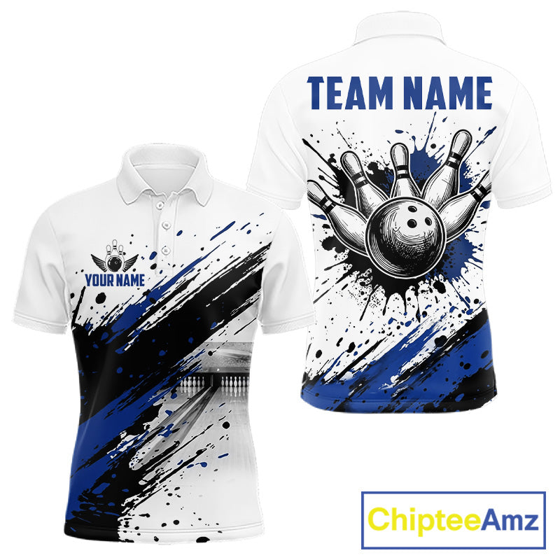 Black and blue splatter paint bowling ball and pins shirt for men custom bowling attire