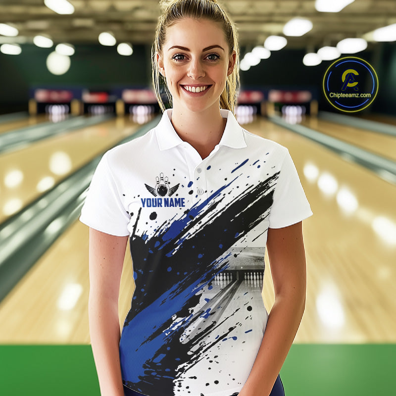Black And Blue Splatter Paint Bowling Ball & Pins Shirts Custom Team Bowling Attire For Women NYN3447