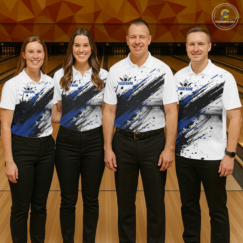 Black And Blue Splatter Paint Bowling Ball & Pins Shirts Custom Team Bowling Attire For Women NYN3447