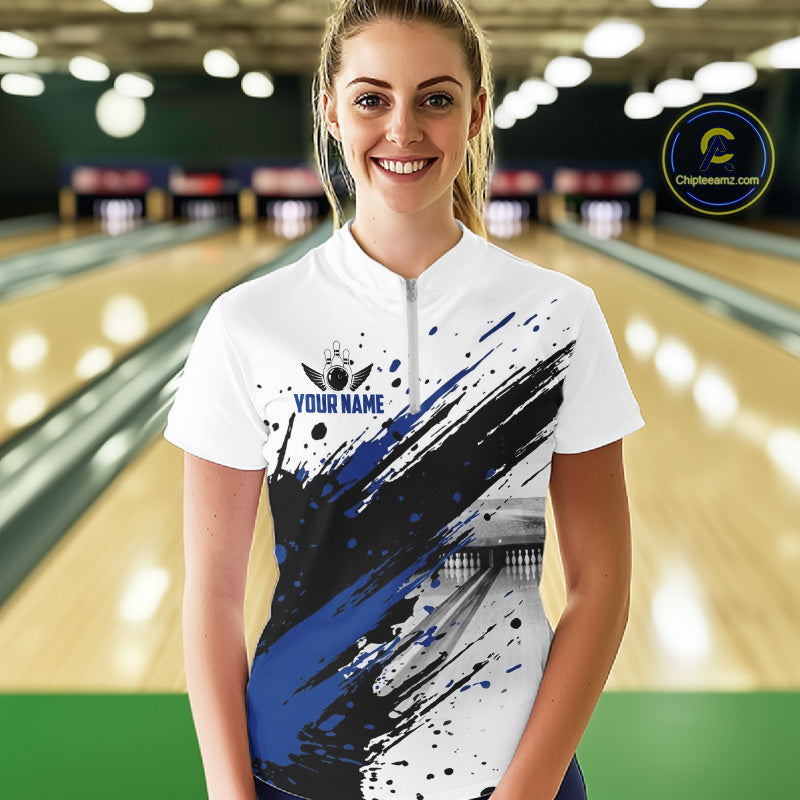 Black And Blue Splatter Paint Bowling Ball & Pins Shirts Custom Team Bowling Attire For Women NYN3447
