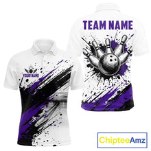 Load image into Gallery viewer, Black and purple splatter paint bowling ball and pins shirt for men custom bowling attire