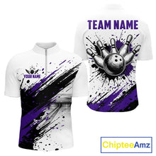Load image into Gallery viewer, Black and purple splatter paint bowling ball and pins shirt for men custom bowling attire