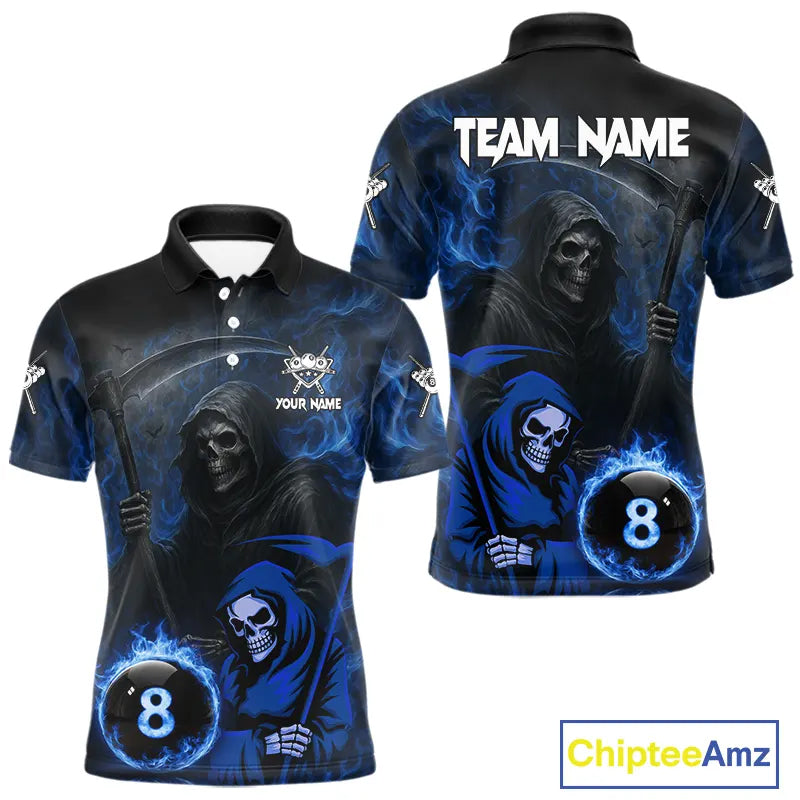 Blue Flames 8 Ball Pool Billiard Team Shirt For Men Custom Grim Reaper Billiard Balls Jerseys NYN2440