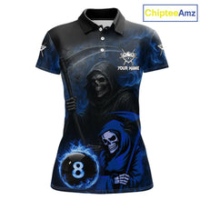 Load image into Gallery viewer, Blue Flames 8 Ball Pool Billiard Team Shirt For Women Custom Grim Reaper Billiard Balls Jerseys NYN2440