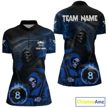 Load image into Gallery viewer, Blue Flames 8 Ball Pool Billiard Team Shirt For Women Custom Grim Reaper Billiard Balls Jerseys NYN2440