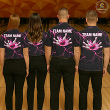 Load image into Gallery viewer, Thunder Lightning Women Bowling Shirt Custom Pink Splatter Bowling Ball &amp; Pins Team Shirts NYN3192