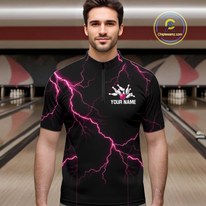 Thunder Lightning Men Bowling Shirt Custom Pink Splatter Bowling Ball & Pins Team Shirts NYN3192