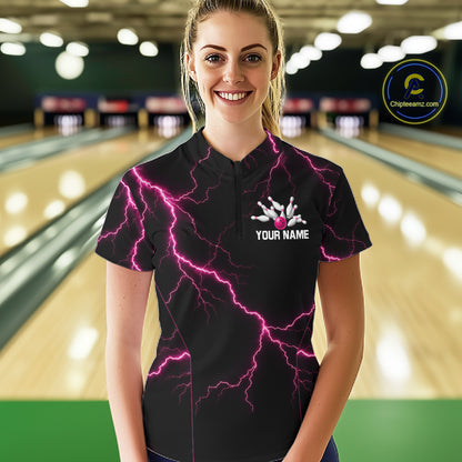 Thunder Lightning Women Bowling Shirt Custom Pink Splatter Bowling Ball & Pins Team Shirts NYN3192