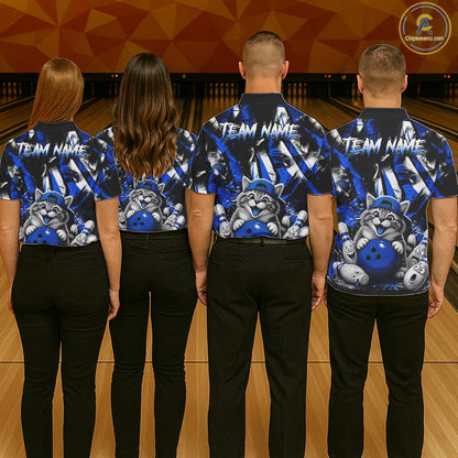 Funny Cat Blue & White Grunge Bowling Jersey For Women Custom Bowling Tournament Bowling Team Shirts NYN3198