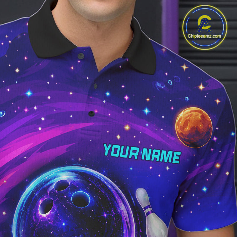 Man wearing purple blue abstract bowling shirt custom league bowling apparel