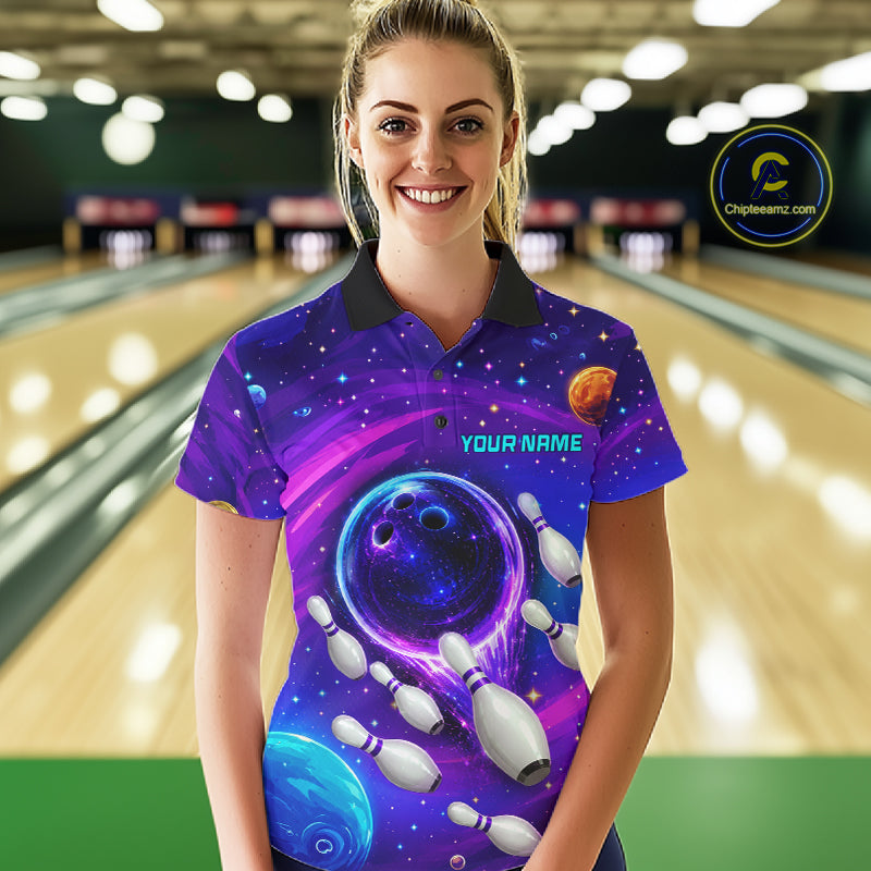 Woman wearing purple blue abstract bowling shirt custom league bowling apparel