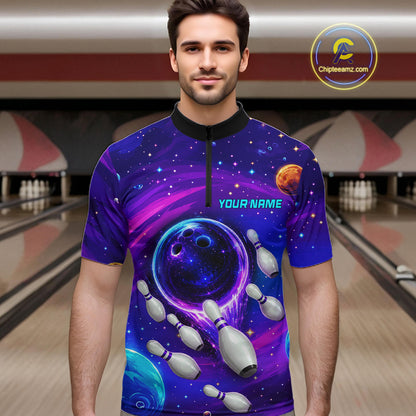 Man wearing purple blue abstract bowling shirt custom league bowling apparel