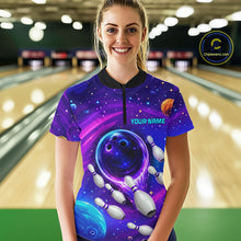 Load image into Gallery viewer, Woman wearing purple blue abstract bowling shirt custom league bowling apparel