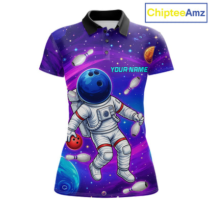 Women's funny astronaut galaxy bowling polo shirt custom bowling team jersey mockup