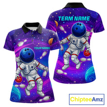 Load image into Gallery viewer, Women's funny astronaut galaxy bowling polo shirt custom bowling team jersey mockup