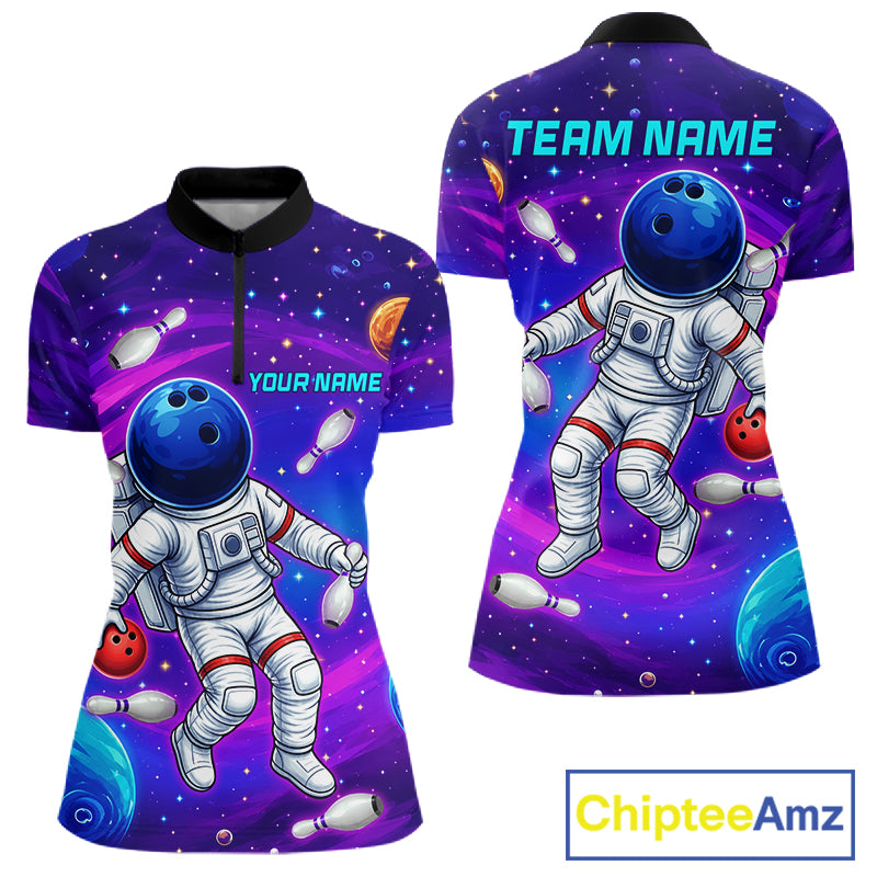 Women's astronaut galaxy quarter zip bowling shirt custom bowling jersey mockup