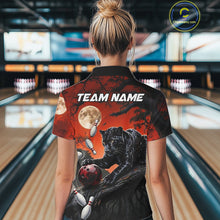 Load image into Gallery viewer, Woman wearing black red panther bowling shirt custom bowling apparel