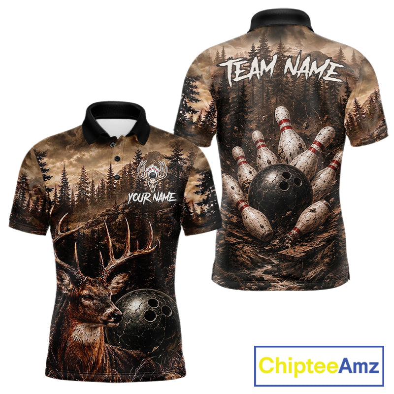 Funny deer grunge forest bowling polo shirt for men brown bowling jersey mockup