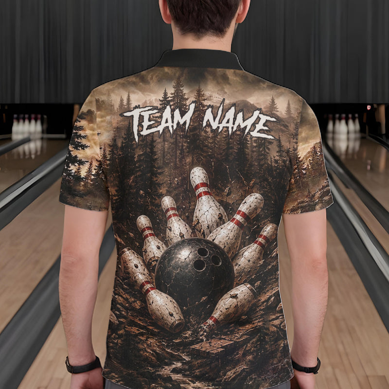 Man wearing funny deer grunge forest bowling shirt custom bowling apparel