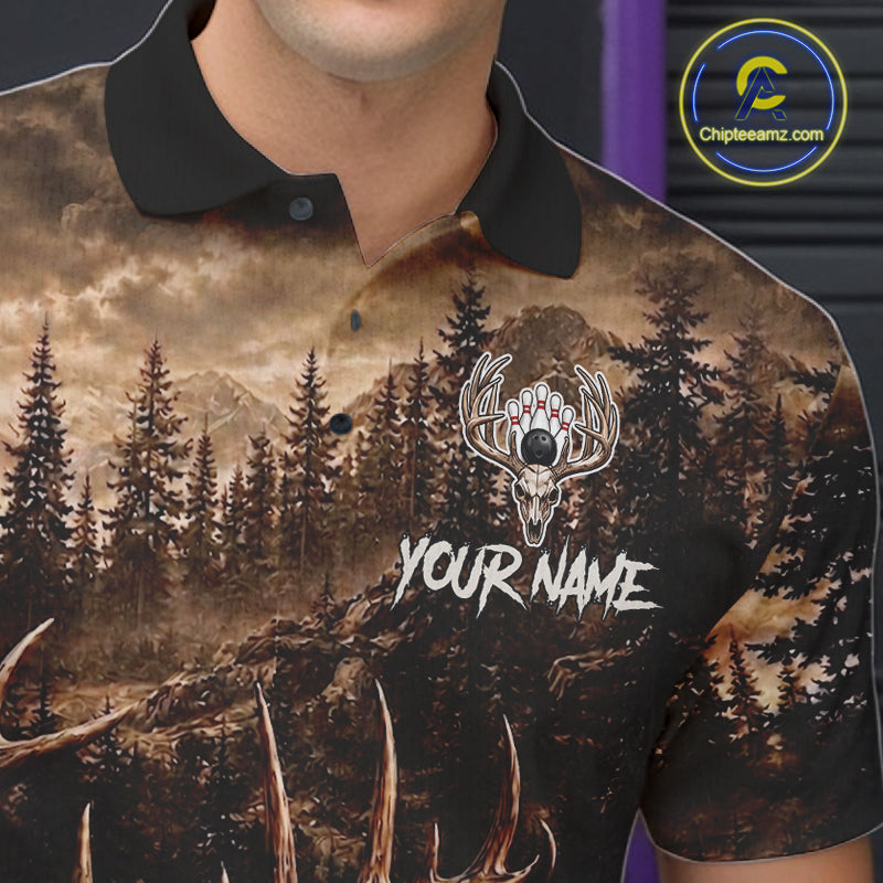 Man wearing funny deer grunge forest bowling shirt custom bowling apparel