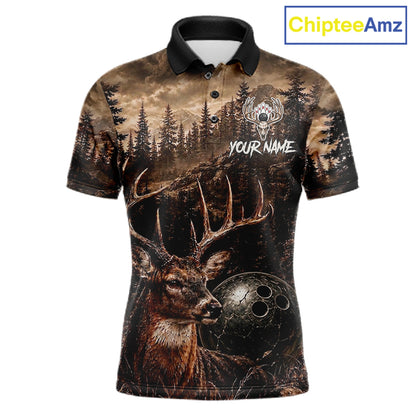 Funny deer grunge forest bowling polo shirt for men brown bowling jersey mockup