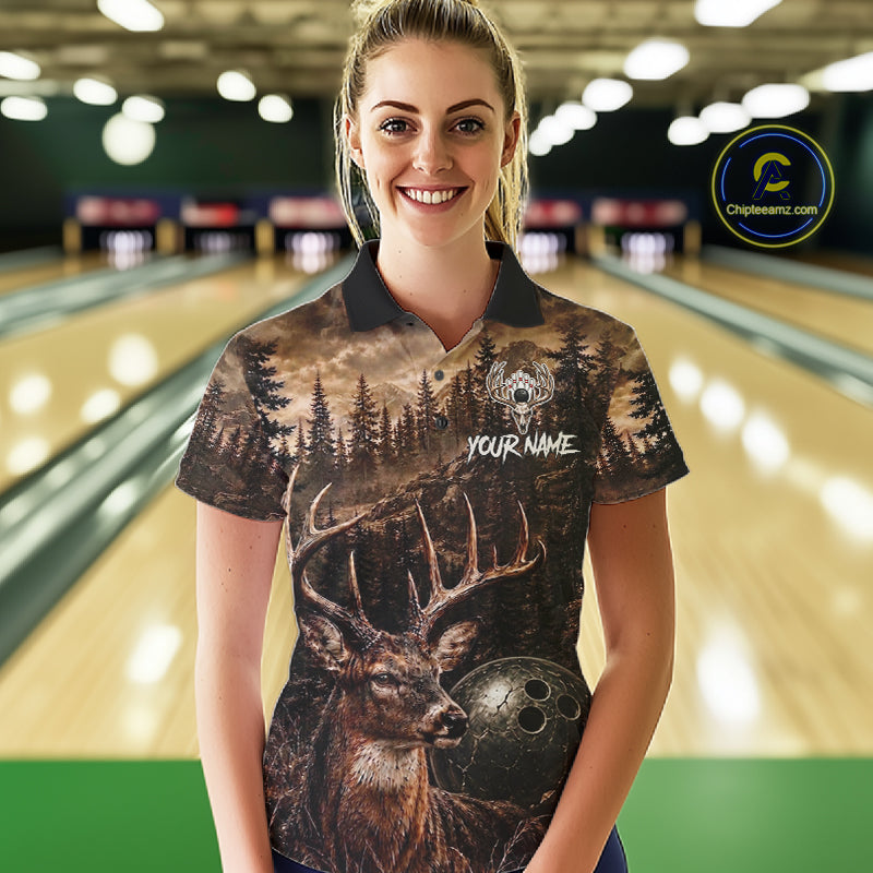 Woman wearing funny deer grunge forest bowling shirt custom bowling apparel