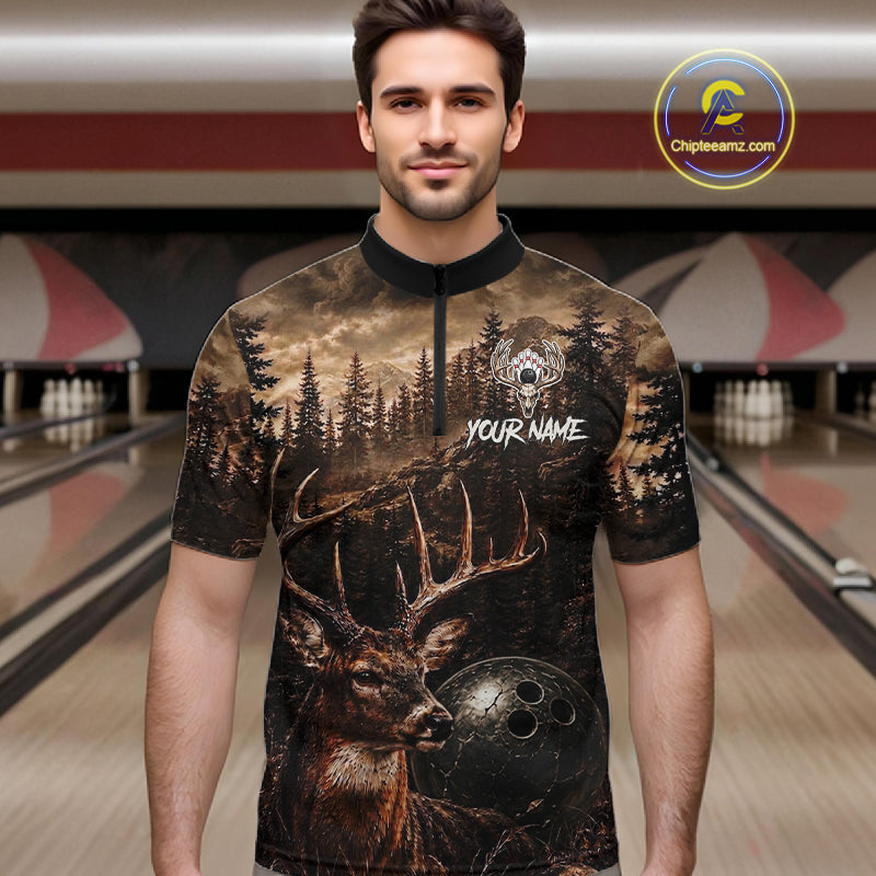 Man wearing funny deer grunge forest bowling shirt custom bowling apparel