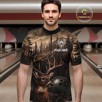 Man wearing funny deer grunge forest bowling shirt custom bowling apparel