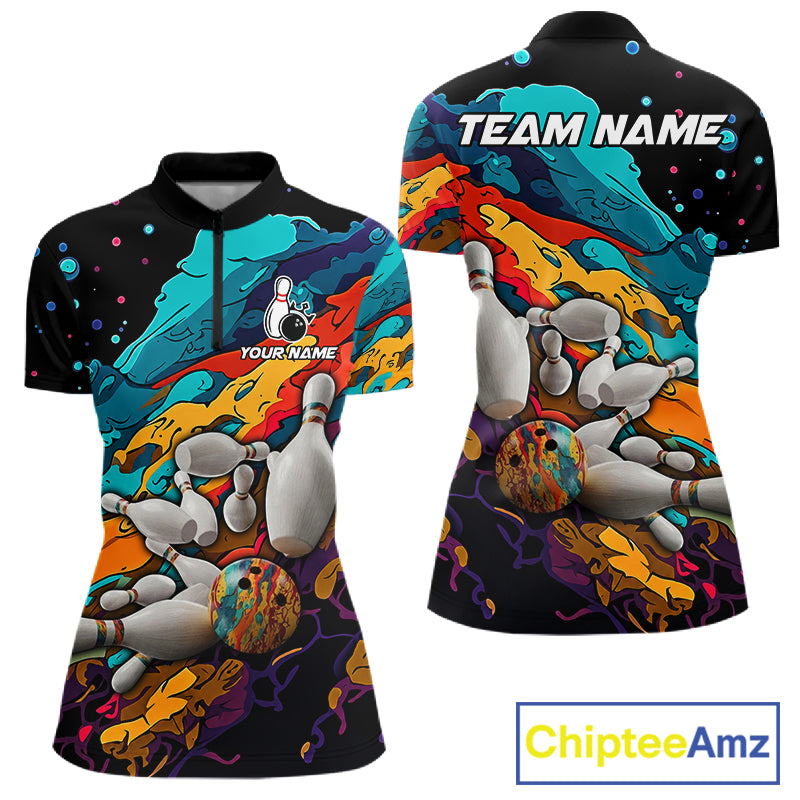 Colorful quarter zip bowling shirt for women custom bowling jersey mockup