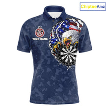 Load image into Gallery viewer, Patriotic American Flag Skull Eagle Camo Women's Darts Polo Shirt Mockup, Blue Custom USA Dart Team Jersey, Personalized Tournament Apparel