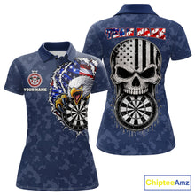 Load image into Gallery viewer, Patriotic American Flag Skull Eagle Camo Women's Darts Polo Shirt Mockup, Blue Custom USA Dart Team Jersey, Personalized Tournament Apparel