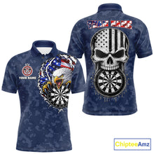 Load image into Gallery viewer, Patriotic American Flag Skull Eagle Camo Women's Darts Polo Shirt Mockup, Blue Custom USA Dart Team Jersey, Personalized Tournament Apparel
