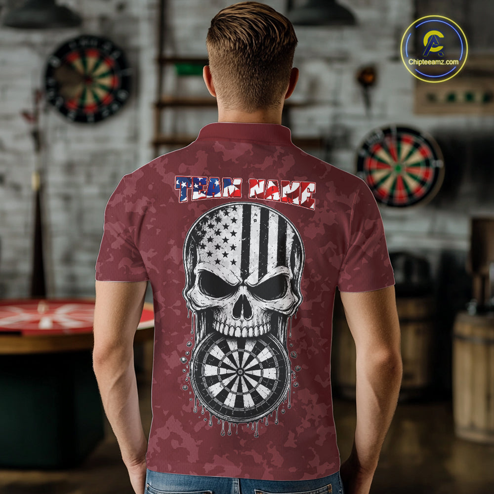 Male model wearing Patriotic Skull Eagle Red Darts Polo, Personalized USA Tournament Jersey